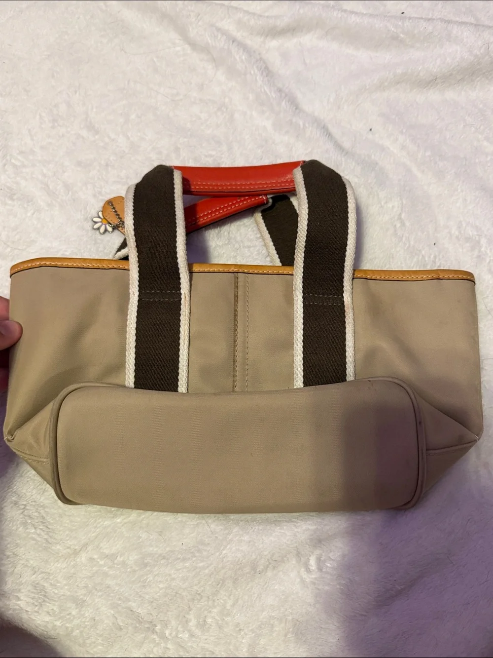 Coach Khaki Tote with Brown Straps and Red Accents